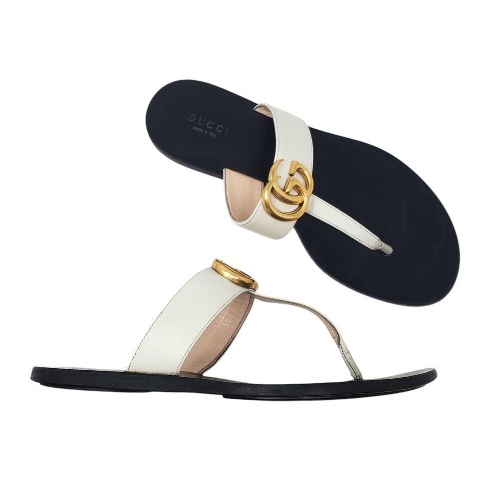 Gucci GG Marmont Thong Flat Sandal Double G In White Gold Leather Size 37 US 7